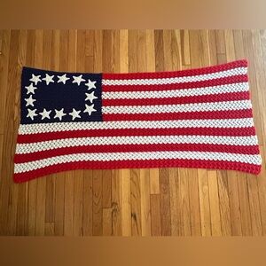 Crocheted American Flag Blanket. Patriot! Handmade 23” H. 58”W Red White & Blue